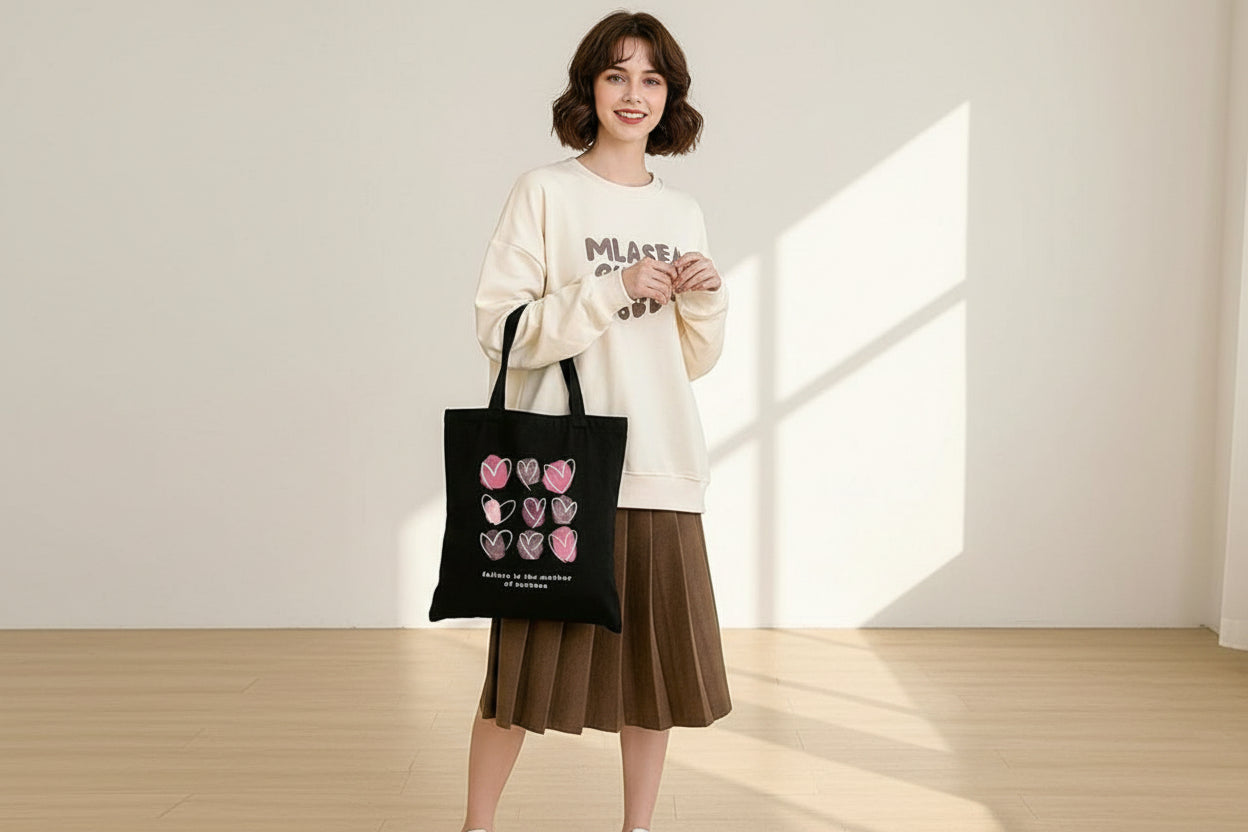 Person holding a black tote bag with pink hearts and text in a room.