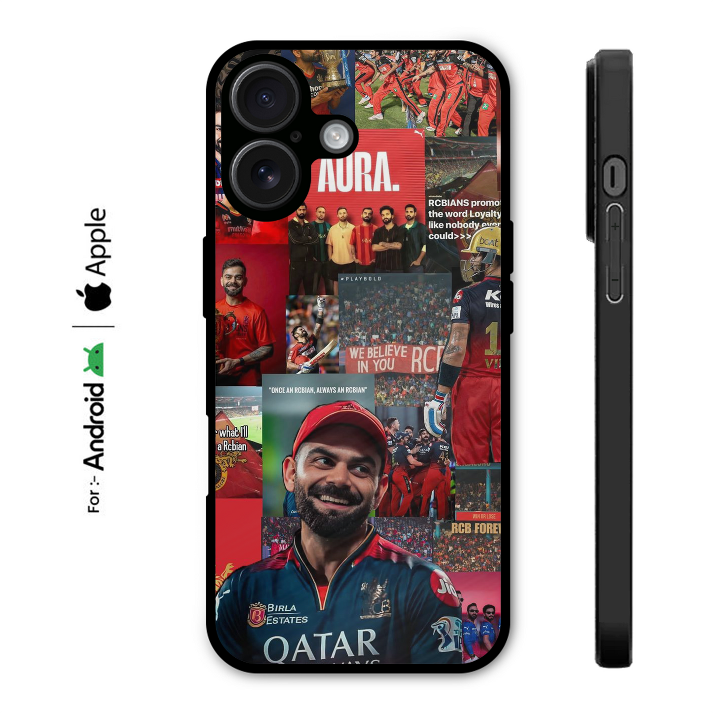 Phone case with a collage of images featuring a sports player, brand logos, and text on a white background.