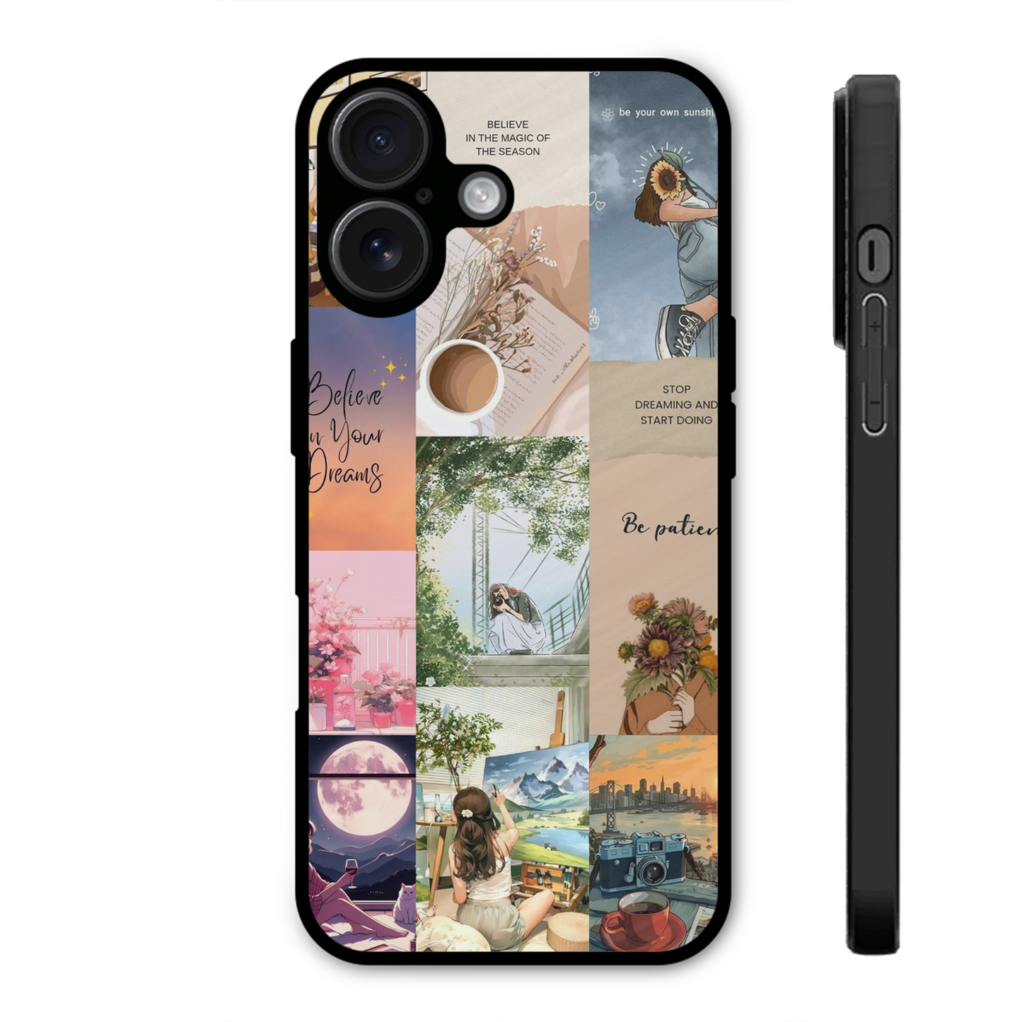 Phone case with collage of images and text on a white background