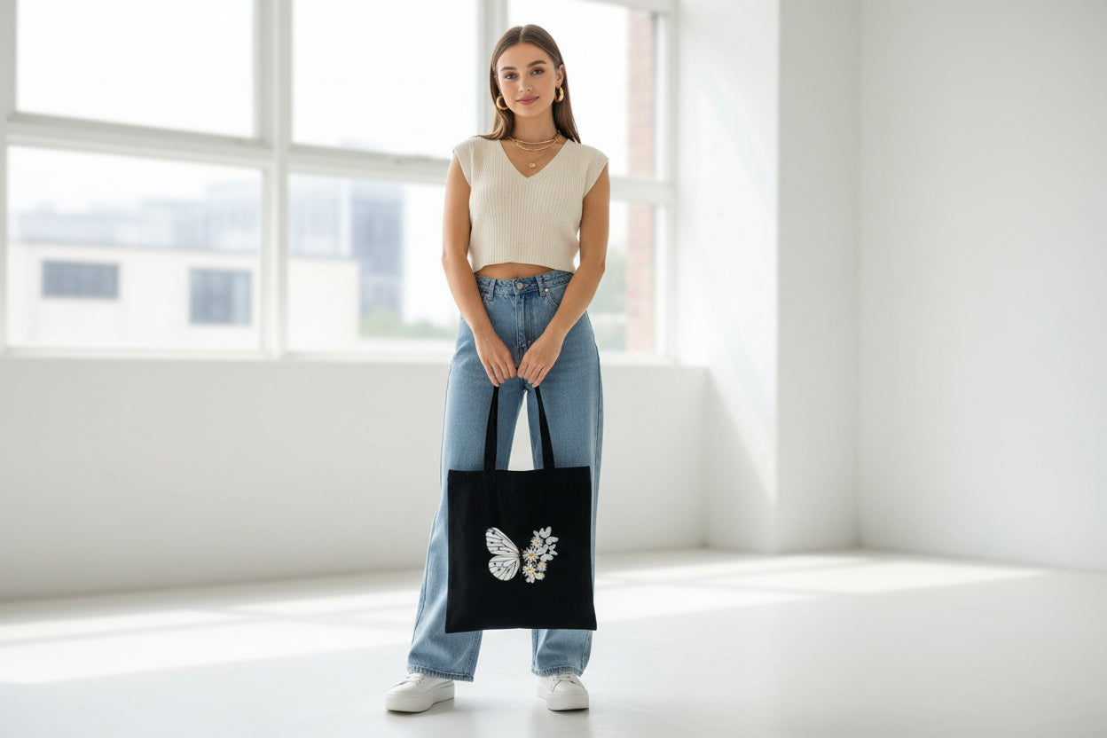 Black tote bag with butterfly and flower design on a light blue denim fabric background