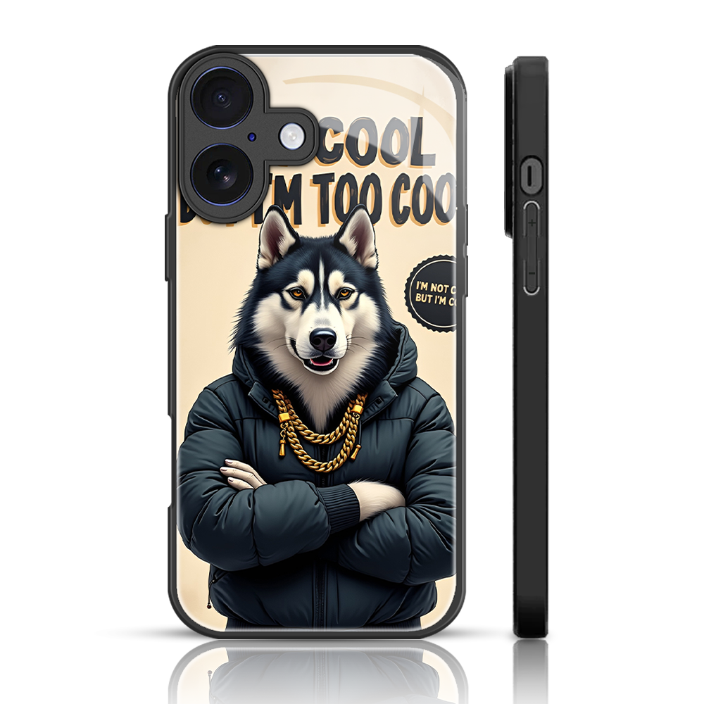 Phone case with a dog wearing a hoodie and gold chain, text 'COOL N TOO COOL' on a beige background