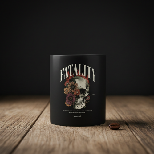 Black mug with skull and floral design on a gray background