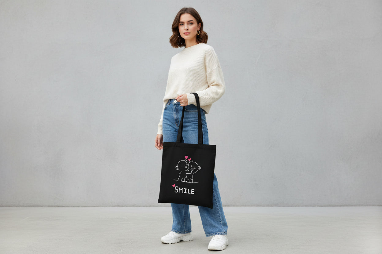 Black tote bag with bear illustration and 'SMILE' text on a gravel surface