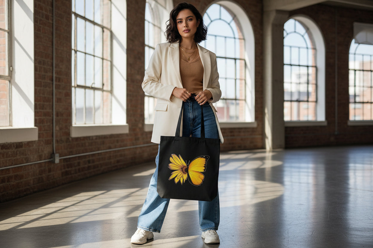 Black tote bag with a yellow butterfly design hanging on a white door.