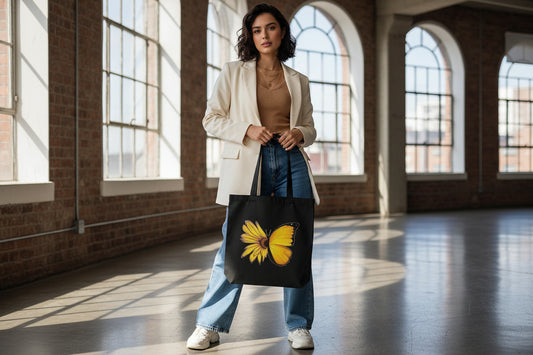 Black tote bag with a yellow butterfly design hanging on a white door.