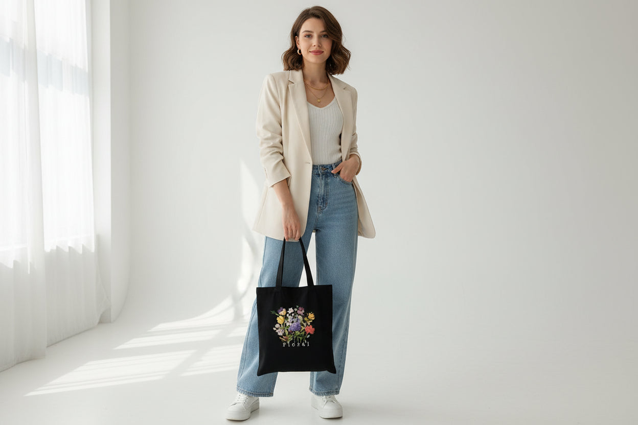 Person holding a black tote bag with floral design and 'Floral' text.