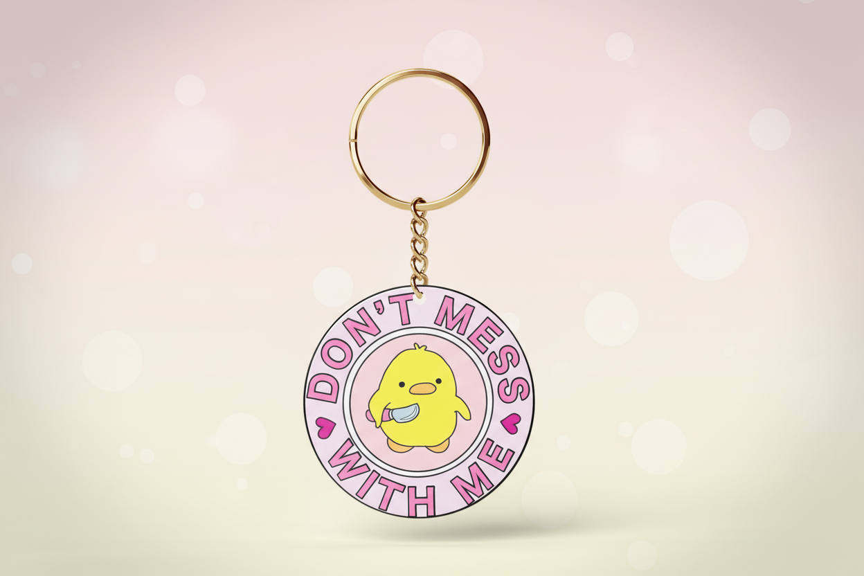 Keychain with cartoon duck and text 'Don't Mess with Me' on a white background