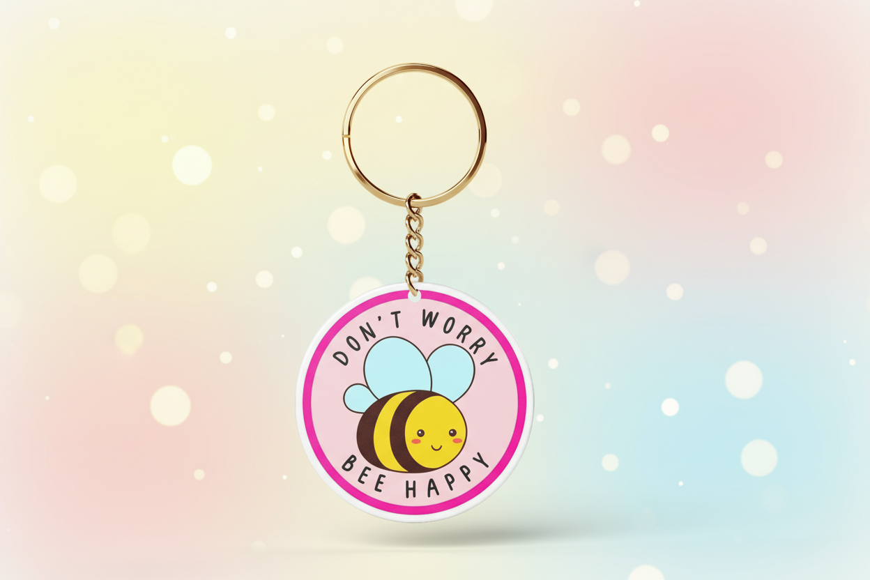 Keychain with bee design and 'Don't Worry, Bee Happy' text on a light gray background
