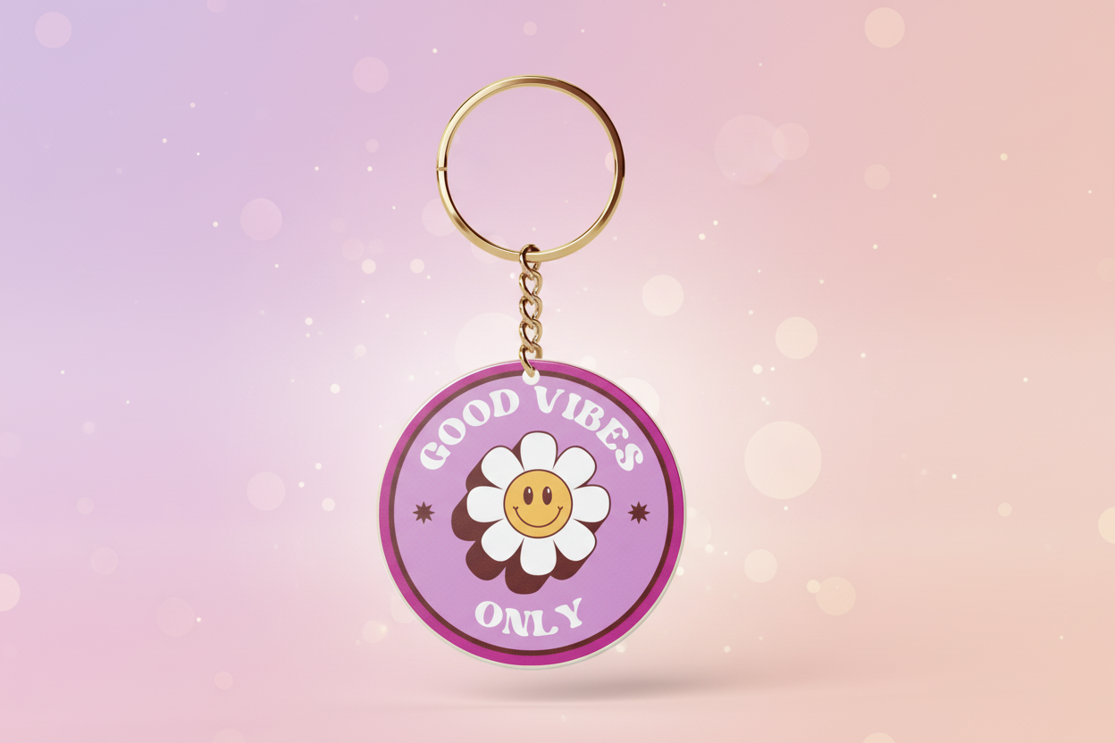 Keychain with a pink circle and flower design on a white background