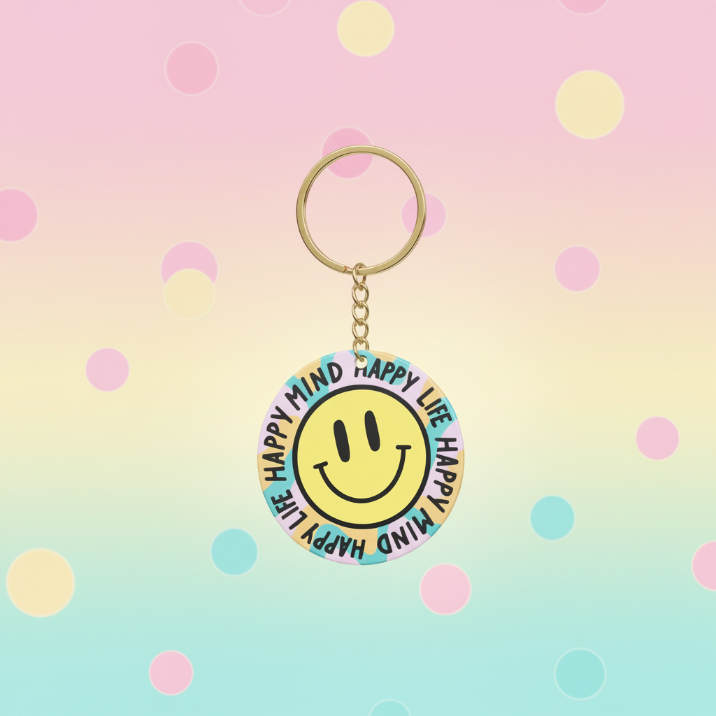 Keychain with smiley face design on a polka dot background