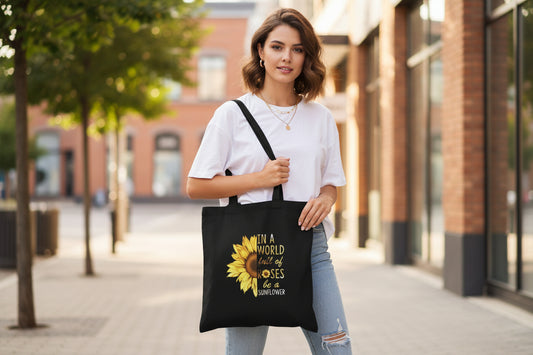 Black tote bag with a sunflower design and text on a beige background