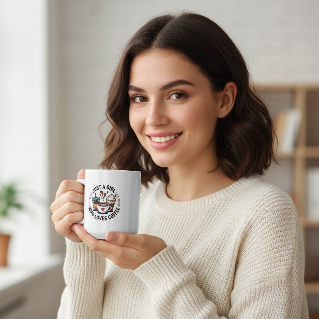 Woman holding a mug with a coffee-themed design in a cozy indoor setting