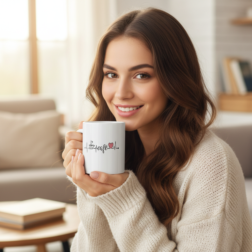 White mug with a design of a coffee cup, heart, and the word 'cafe' on a gray background