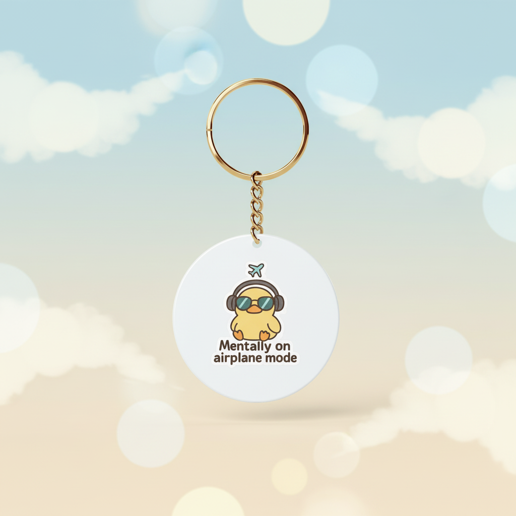 Keychain with cartoon duck wearing headphones and text 'Mentally on airplane mode' on a white background