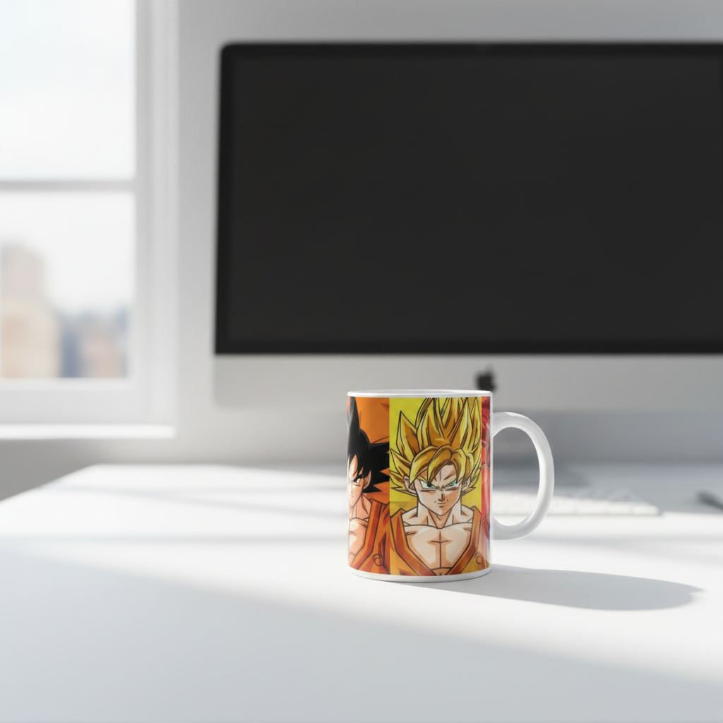 Ceramic mug with a character design on a white background