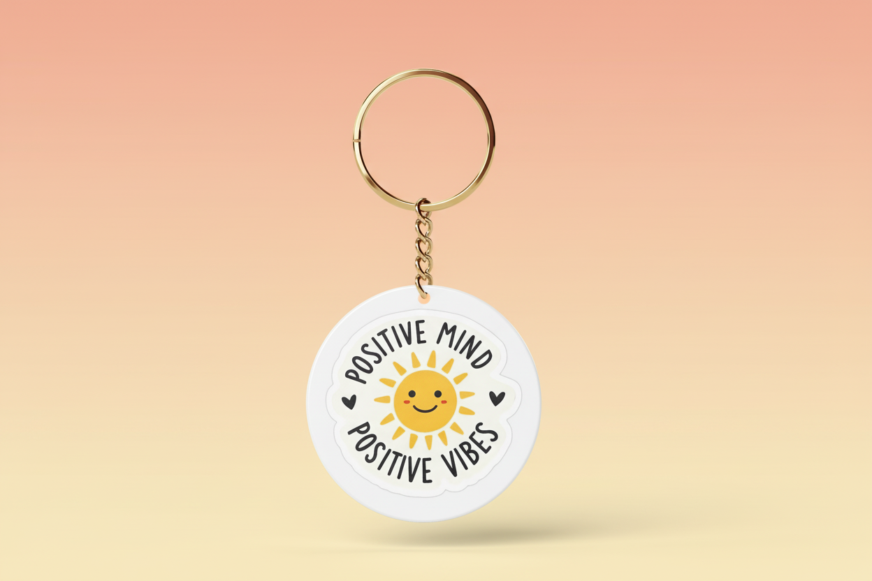 Keychain with 'Positive Mind, Positive Vibes' text and sun design on a white background