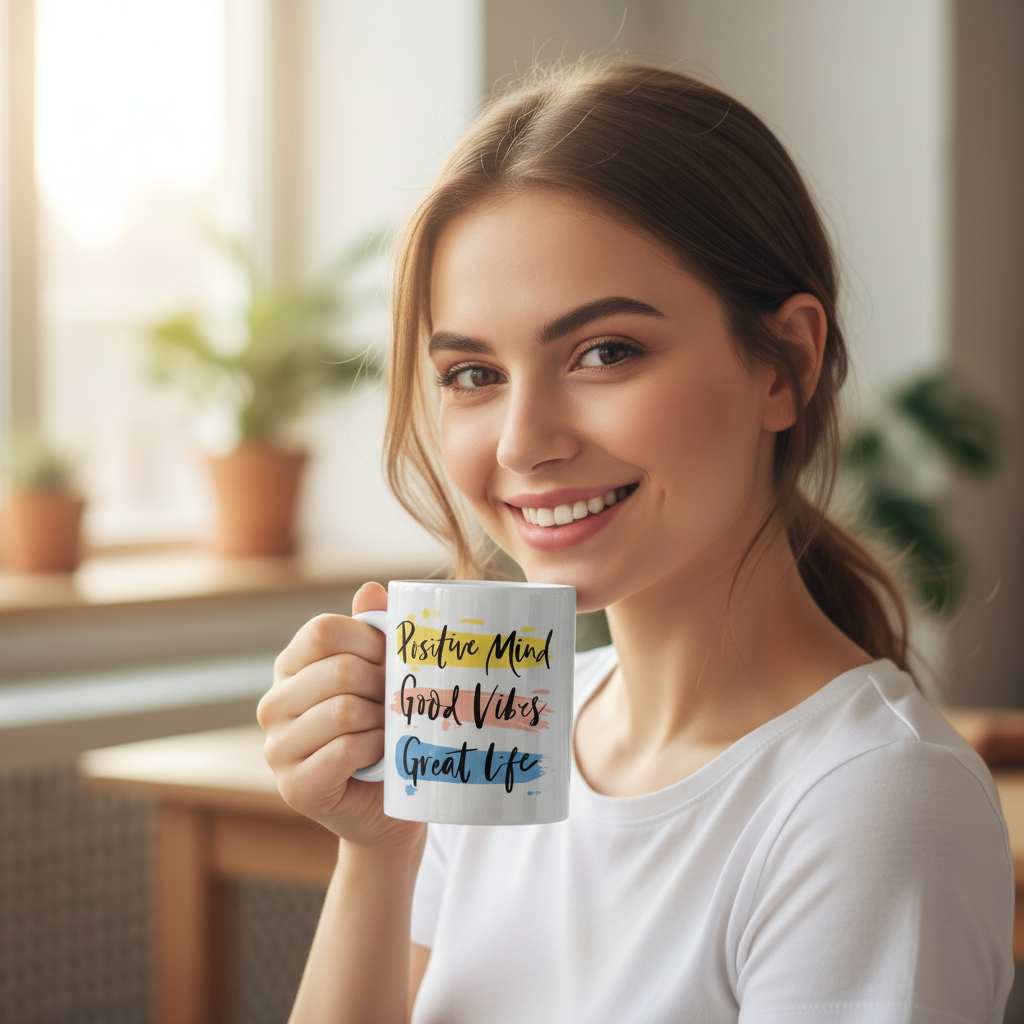 Woman holding a mug with motivational text in a bright room.