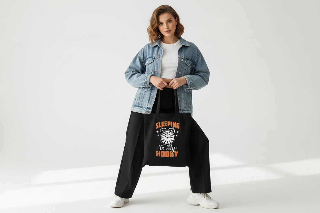 Black tote bag with 'Sleeping is my Hobby' text and clock graphic on a white surface.