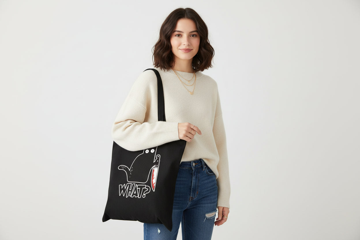 Black tote bag with a cat holding a knife and 'WHAT?' text, held by a person against a neutral background.