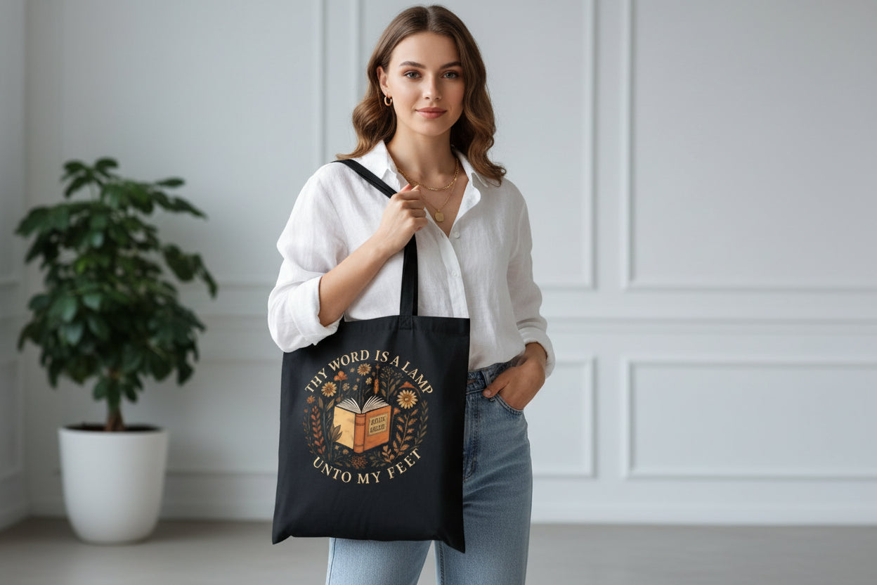 Person holding a black tote bag with a Bible design and text.