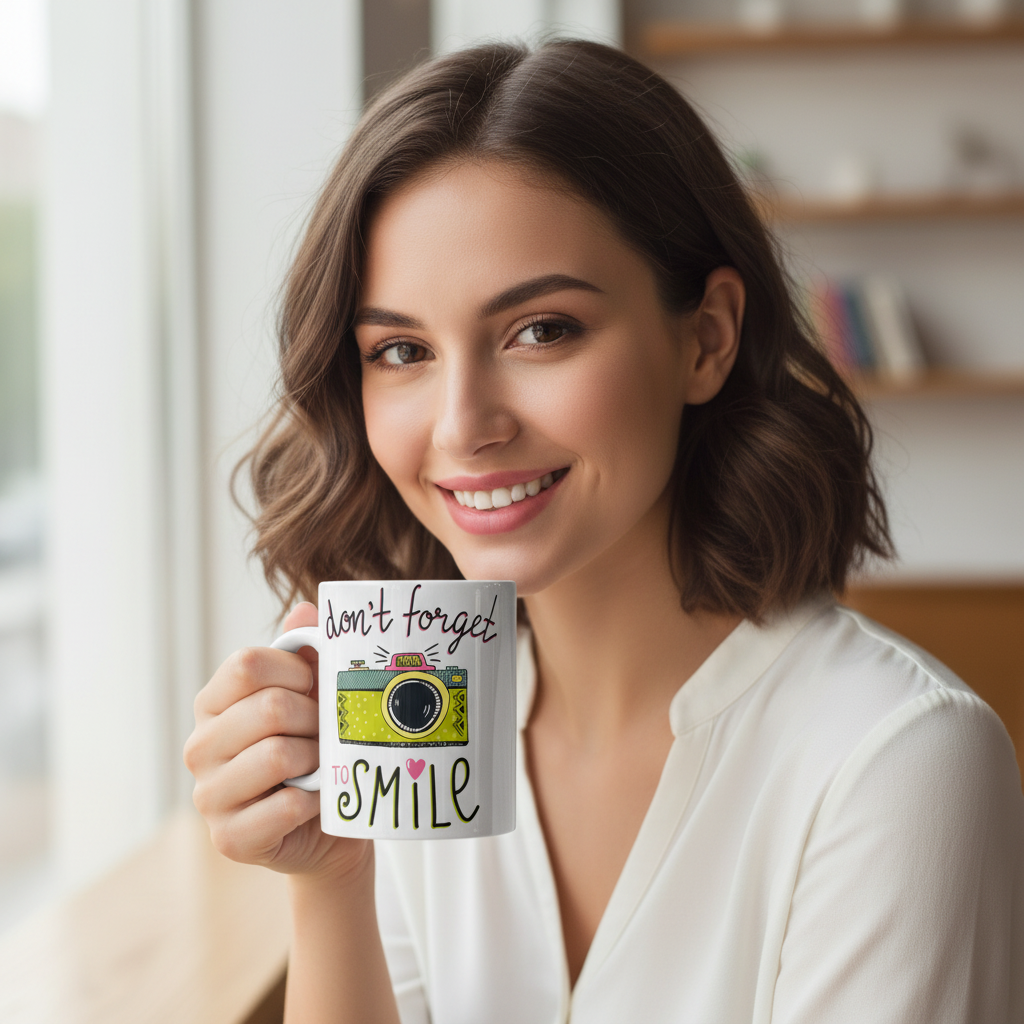 Mug with camera illustration and text 'don't forget to smile' on a white background