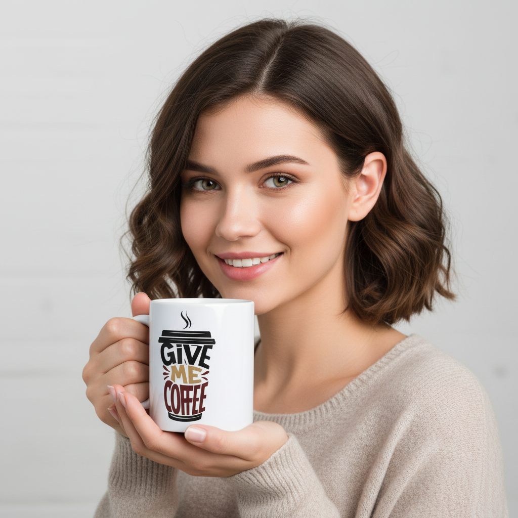 Woman holding a mug with 'Give Me Coffee' text against a plain background