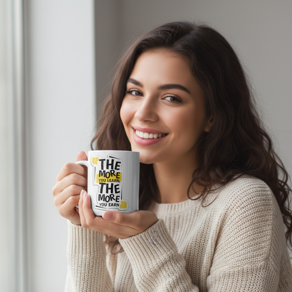 Woman holding a mug with motivational quote, smiling in a neutral setting